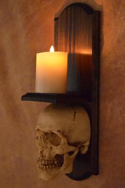 "Classic Skull Wall Sconce Style II W/ Ivory Flameless Candle" Haunted House Lighting