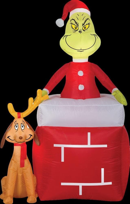  Airblown Grinch Out Of Chimney With Max Medume Inflatable Scene - Dr. Seuss