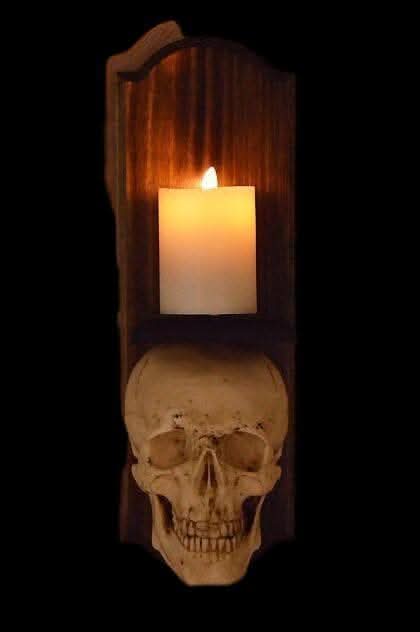  "Classic Skull Wall Sconce Style II W/ Ivory Flameless Candle" Haunted House Lighting