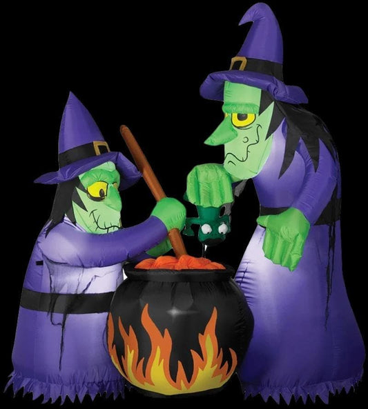  "Double Witch And Cauldron" Animated Air-blown Inflatable Decoration - 6 Foot Tall