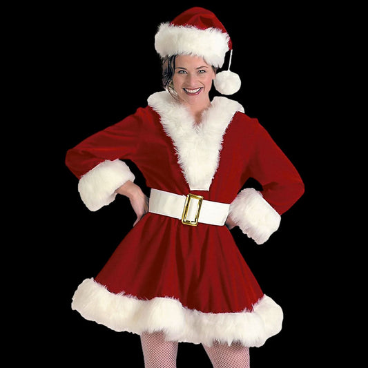  Women’s Burgundy Velvet Perky Pixie Mrs. Clause Dress Costume